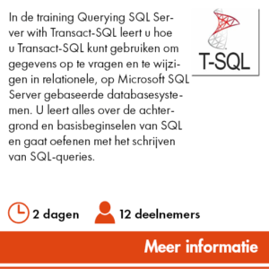 U leert hoe je Transact-SQL kunt gebruiken om gegevens op te vragen en te wijzigen in relationele, op Microsoft SQL Server gebaseerde databasesystemen.